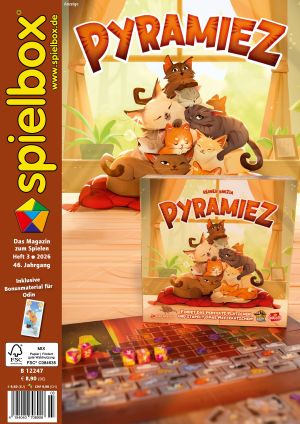 Titel der spielbox 3-2026 mit dem Spiel Pyramiez von Goliath Games