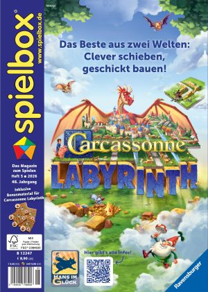 Titel der spielbox 5-2026 mit dem Spiel Carcassone Labyrinth von Hans im Glück/Ravensburger